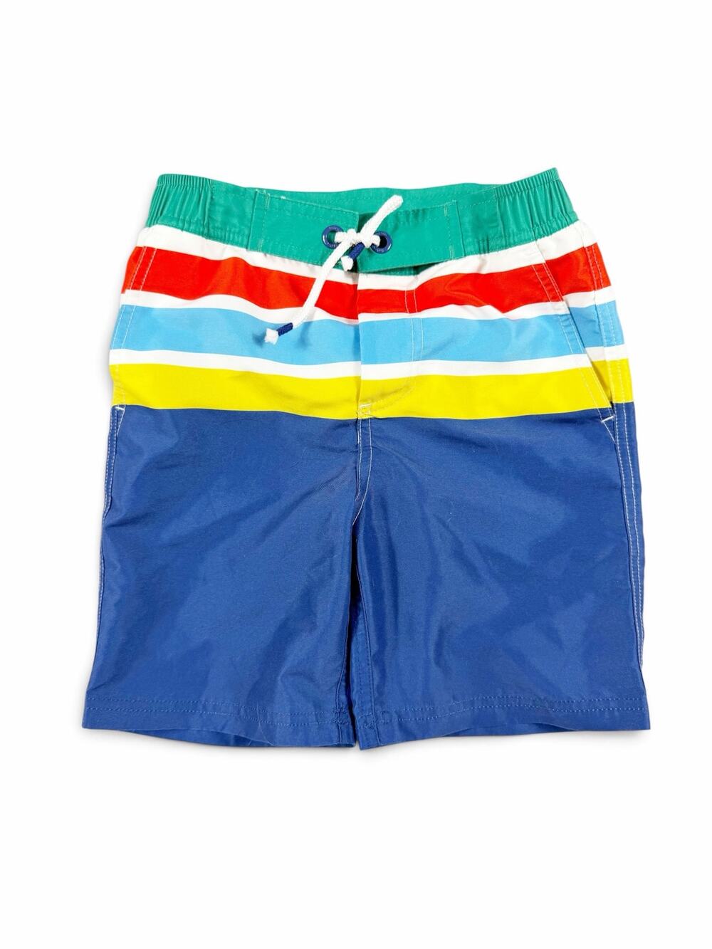 Mini Boden Rainbow Stripe Swim Trunks Board Shorts Blue Boys 6-7 years